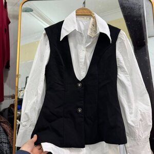 Black White Two-Piece Look Vest Shirt Combo Top Gold Button Layered Blouse